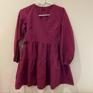 Pleated Babydoll Dress V-Neck Lantern Sleeve High Waist Ruffle ALine Swing Dress